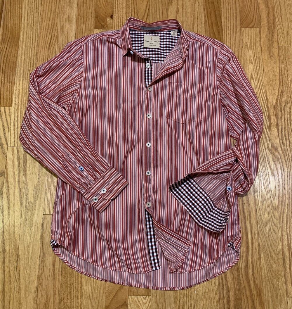 Tommy Bahama Jeans Red Orange Striped Cotton Button Up Shirt Men’s Size Small